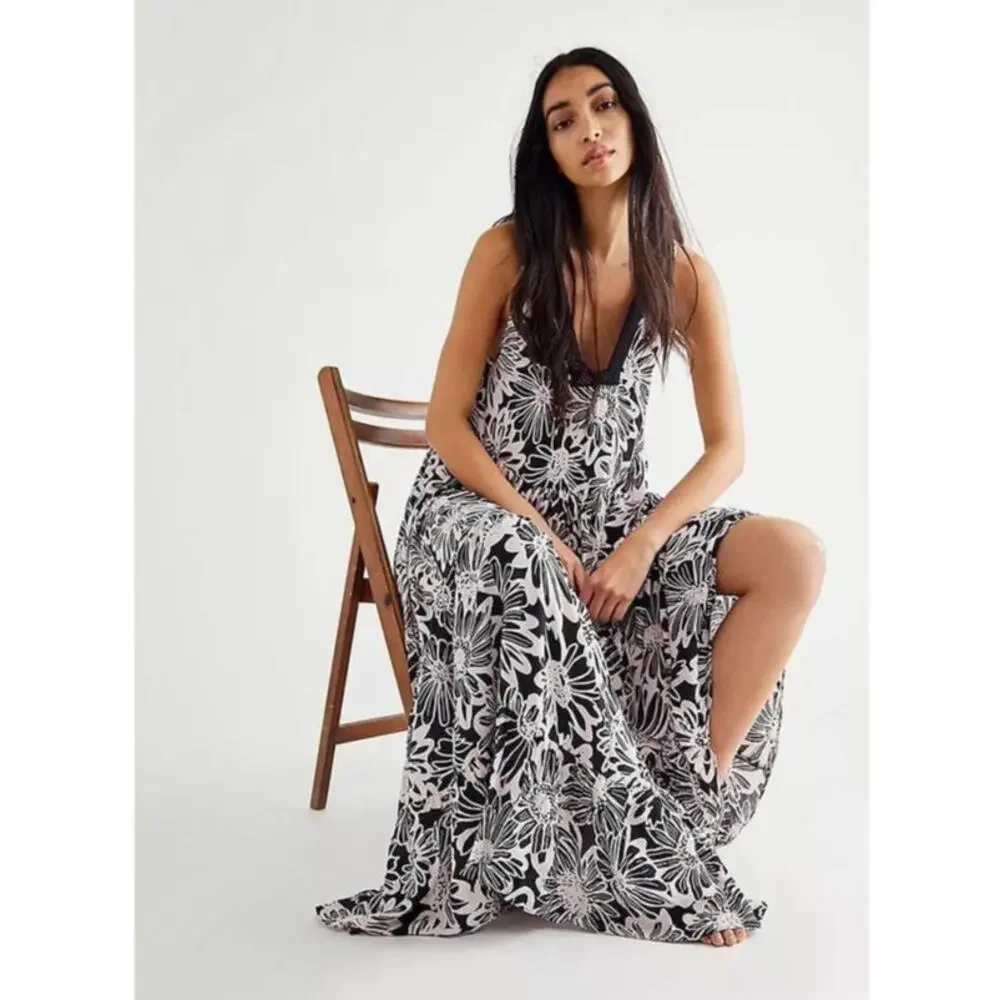 Free People Tiers For You Tiered Lace Sleeveless Floral Maxi Slip Dress Size XS